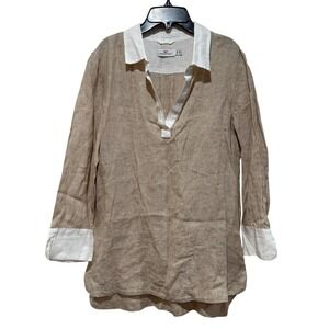 Vineyard Vines Contrast Linen Lucaya Tunic Top Tan White Medium M Coastal Preppy